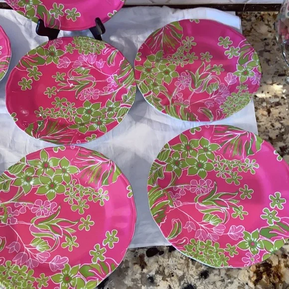 Set of 8 Lilly Pulitzer pink & green floral print plates